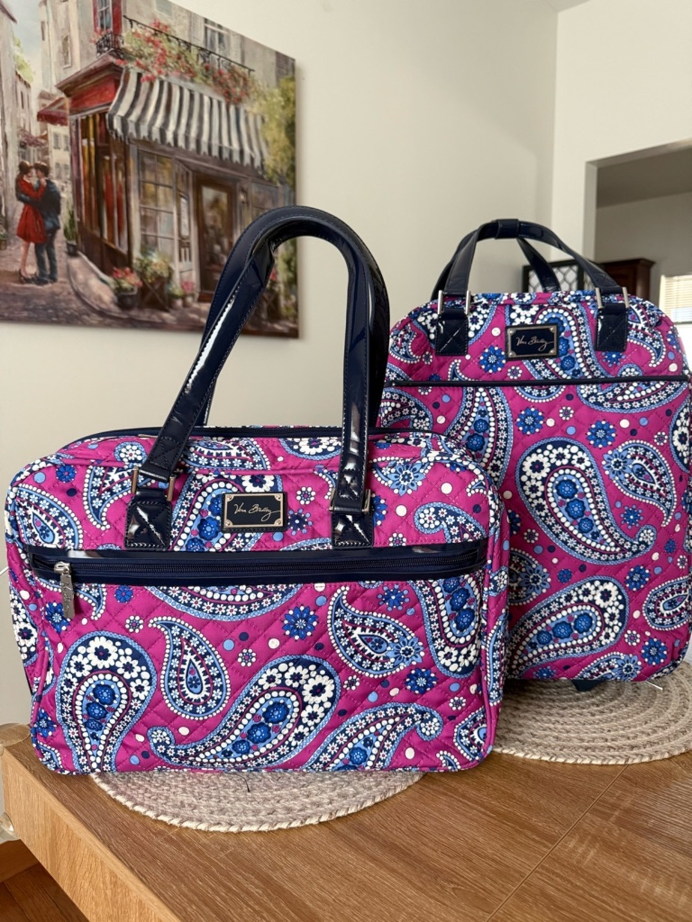 Vera Bradley Pink Paisley Quilted Travel Set with Navy Trim
